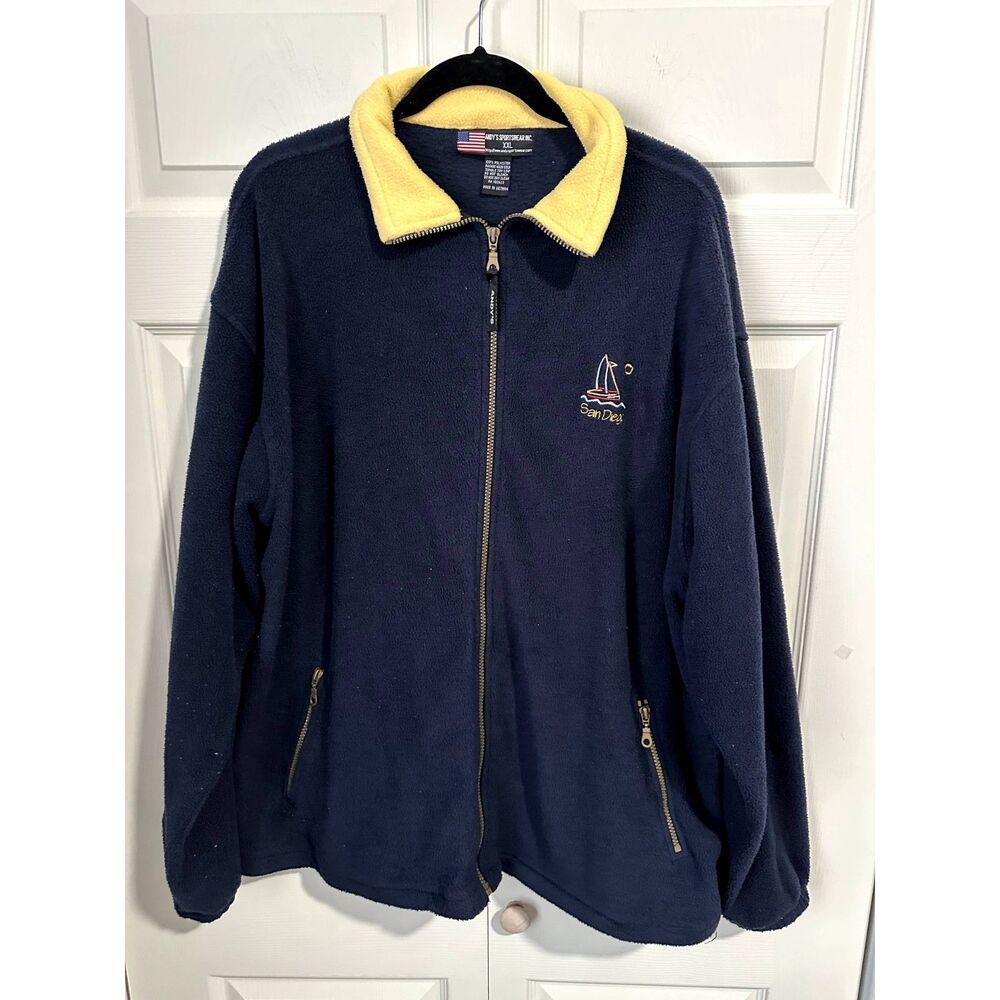 Blue XXL Fleece Jacket with yellow collar "San Diego" on front left